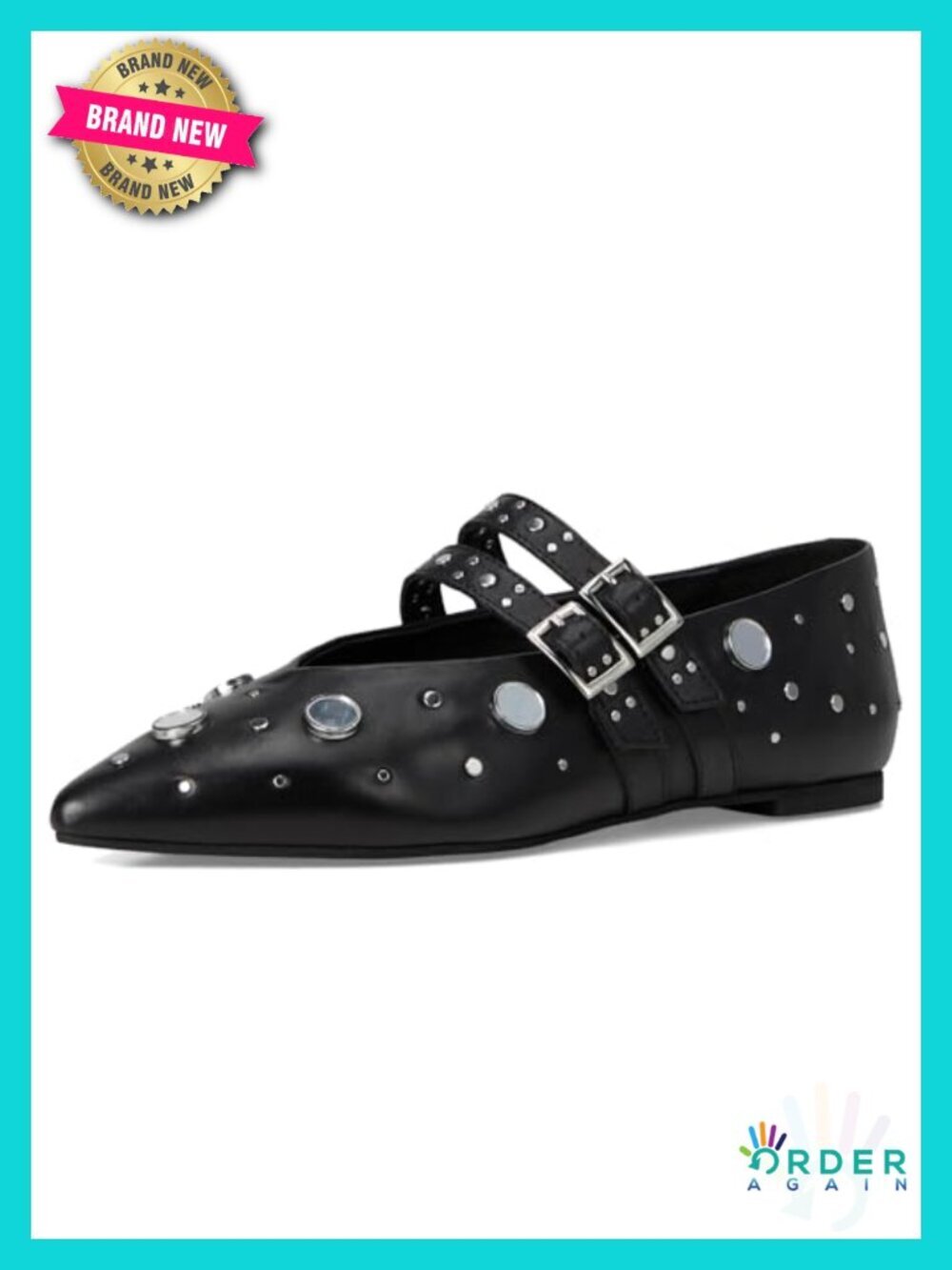 Mirror Embellished Pointed Toe Ballet Flats w/ Buckle Strap - Picture 6 of 6